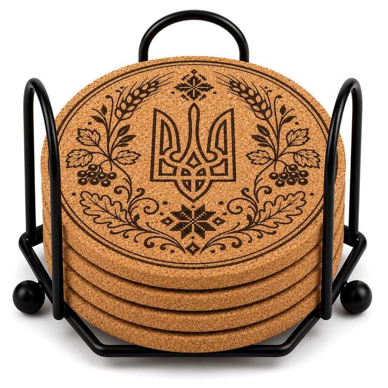 Ukrainian Trident & Kalyna Laser Engraved Coasters – Cork, Wood & Slate Stone | Single, Set of 4 or Set of 5