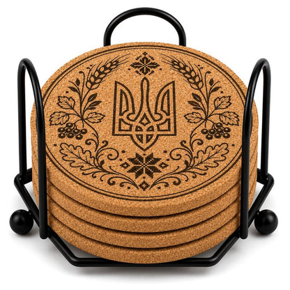 Ukrainian Trident & Kalyna Laser Engraved Coasters – Cork, Wood & Slate Stone | Single, Set of 4 or Set of 5