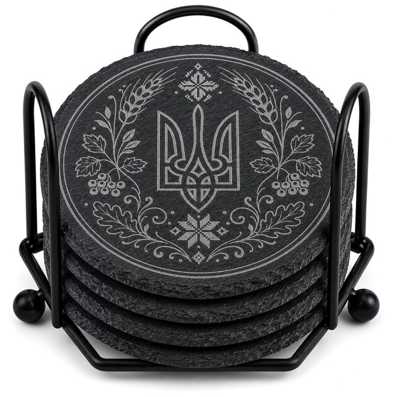 Ukrainian Trident & Kalyna Laser Engraved Coasters – Cork, Wood & Slate Stone | Single, Set of 4 or Set of 5