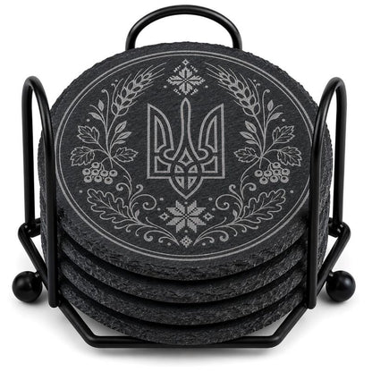 Ukrainian Trident & Kalyna Laser Engraved Coasters – Cork, Wood & Slate Stone | Single, Set of 4 or Set of 5
