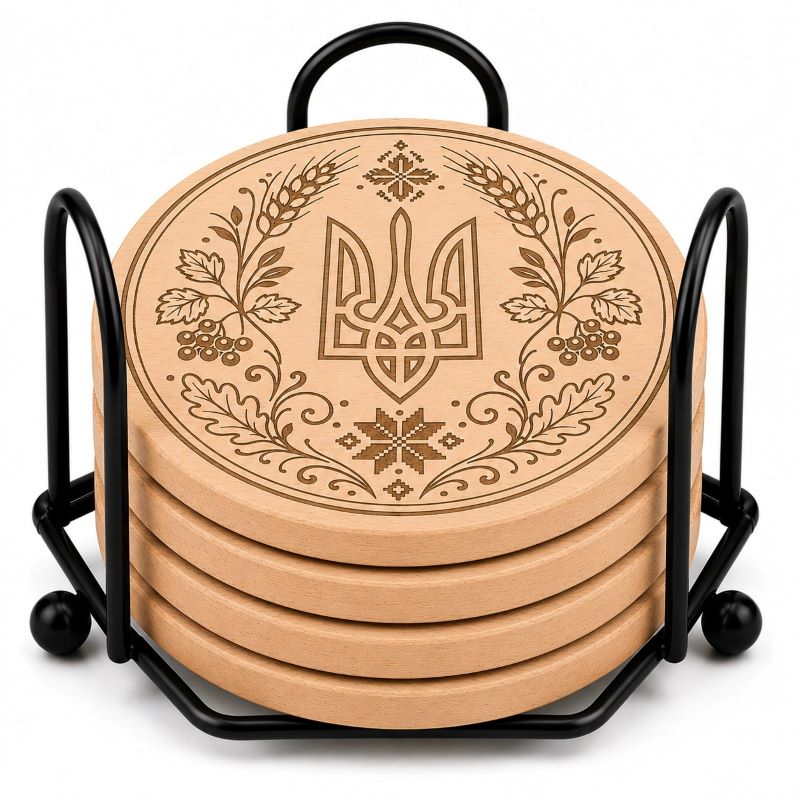 Ukrainian Trident & Kalyna Laser Engraved Coasters – Cork, Wood & Slate Stone | Single, Set of 4 or Set of 5