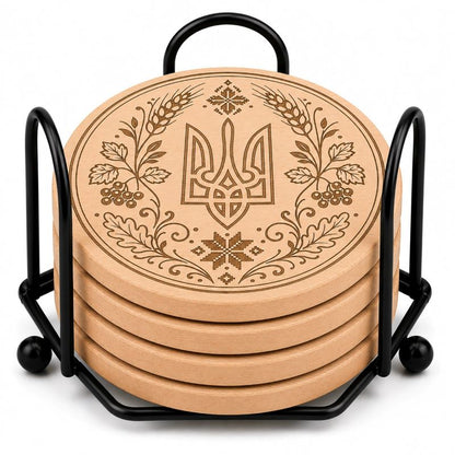 Ukrainian Trident & Kalyna Laser Engraved Coasters – Cork, Wood & Slate Stone | Single, Set of 4 or Set of 5