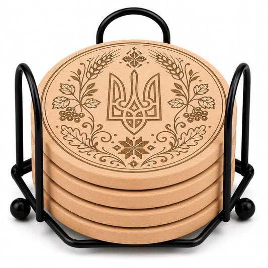 Ukrainian Trident & Kalyna Custom Laser Engraved Coasters – Cork, Wood & Slate Stone