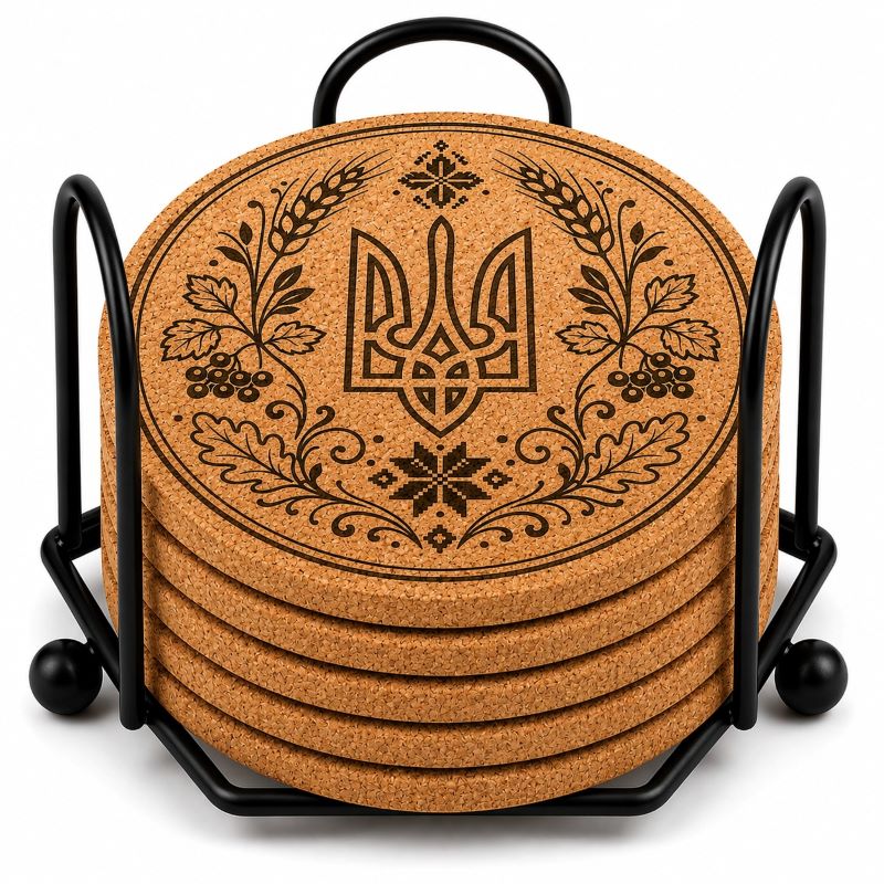 Ukrainian Trident & Kalyna Laser Engraved Coasters – Cork, Wood & Slate Stone | Single, Set of 4 or Set of 5