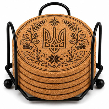 Ukrainian Trident & Kalyna Laser Engraved Coasters – Cork, Wood & Slate Stone | Single, Set of 4 or Set of 5