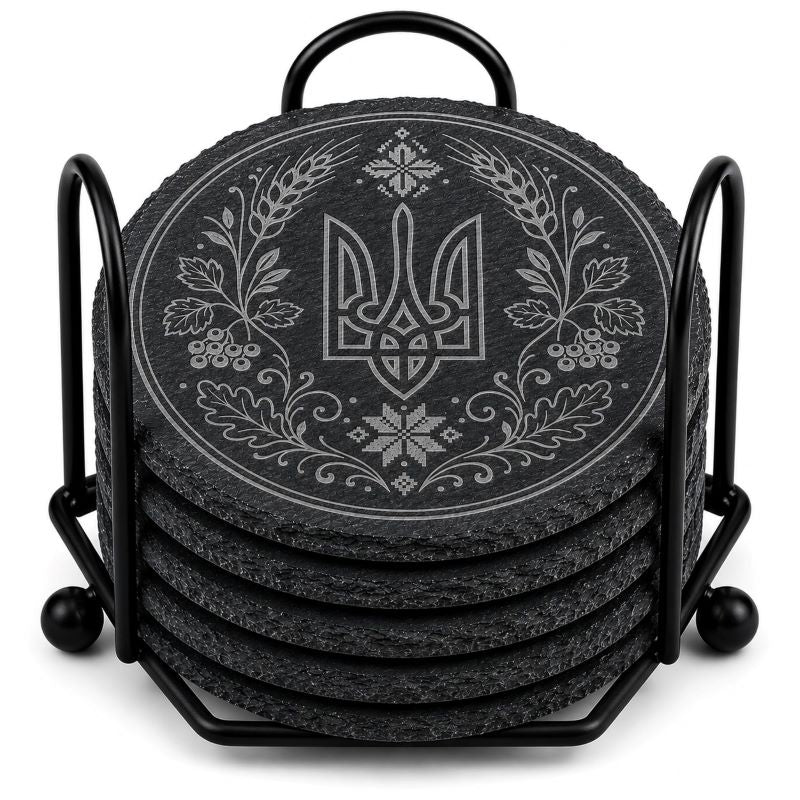 Ukrainian Trident & Kalyna Laser Engraved Coasters – Cork, Wood & Slate Stone | Single, Set of 4 or Set of 5