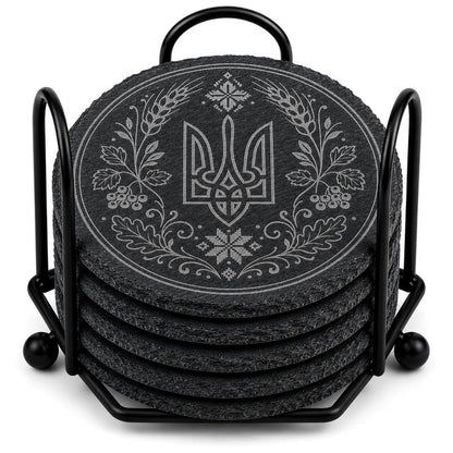 Ukrainian Trident & Kalyna Laser Engraved Coasters – Cork, Wood & Slate Stone | Single, Set of 4 or Set of 5