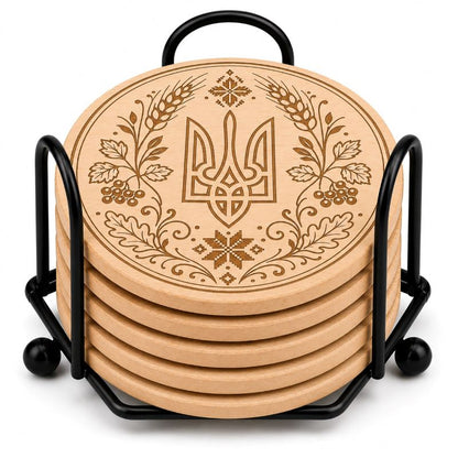 Ukrainian Trident & Kalyna Laser Engraved Coasters – Cork, Wood & Slate Stone | Single, Set of 4 or Set of 5