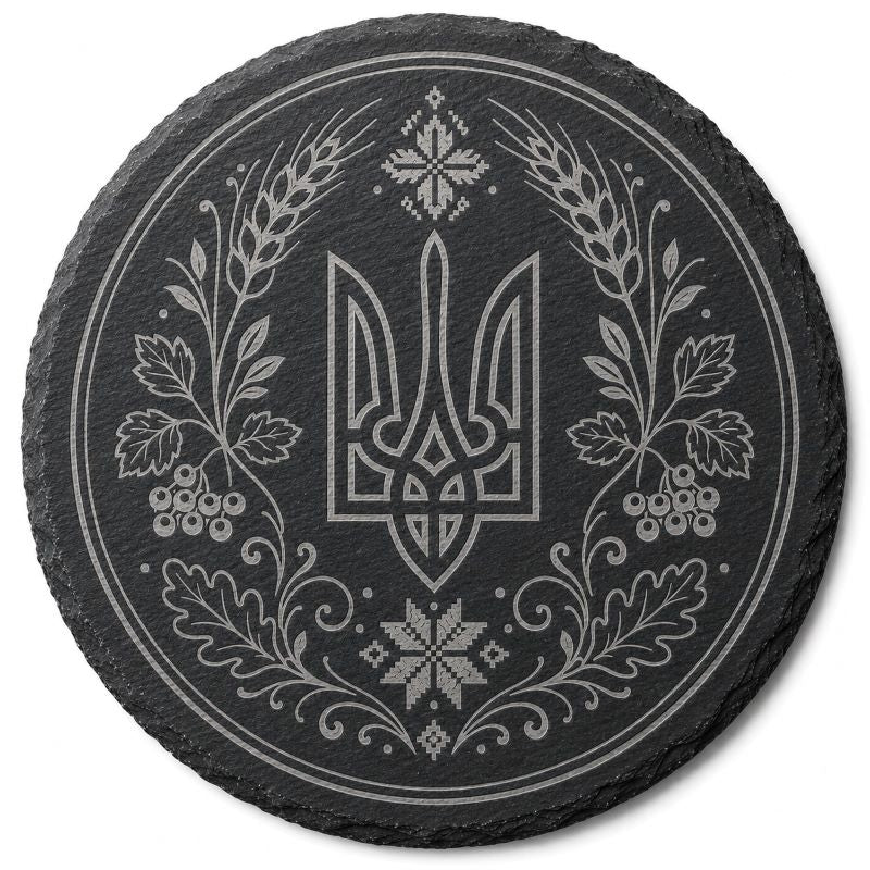 Ukrainian Trident & Kalyna Laser Engraved Coasters – Cork, Wood & Slate Stone | Single, Set of 4 or Set of 5