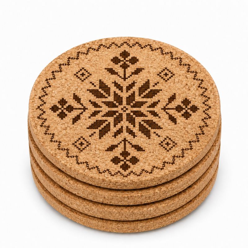 Ukrainian Vyshyvanka Laser Engraved Coasters – Cork, Wood & Slate Stone Drink Coasters | Individual or Mixed Set of 4 with Optional Holder