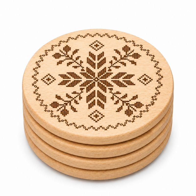 Ukrainian Vyshyvanka Laser Engraved Coasters – Cork, Wood & Slate Stone Drink Coasters | Individual or Mixed Set of 4 with Optional Holder
