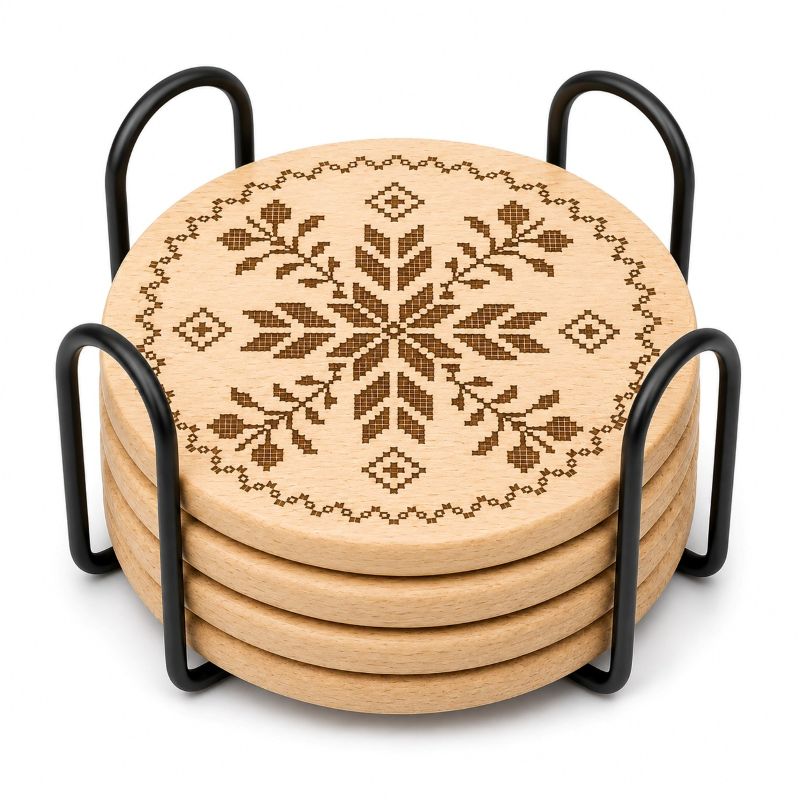 Ukrainian Vyshyvanka Laser Engraved Coasters – Cork, Wood & Slate Stone Drink Coasters | Individual or Mixed Set of 4 with Optional Holder
