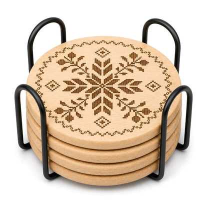 Ukrainian Vyshyvanka Laser Engraved Coasters – Cork, Wood & Slate Stone Drink Coasters | Individual or Mixed Set of 4 with Optional Holder