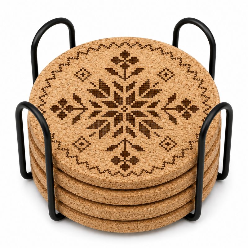 Ukrainian Vyshyvanka Laser Engraved Coasters – Cork, Wood & Slate Stone Drink Coasters | Individual or Mixed Set of 4 with Optional Holder