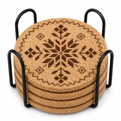 Ukrainian Vyshyvanka Laser Engraved Coasters – Cork, Wood & Slate Stone Drink Coasters | Individual or Mixed Set of 4 with Optional Holder