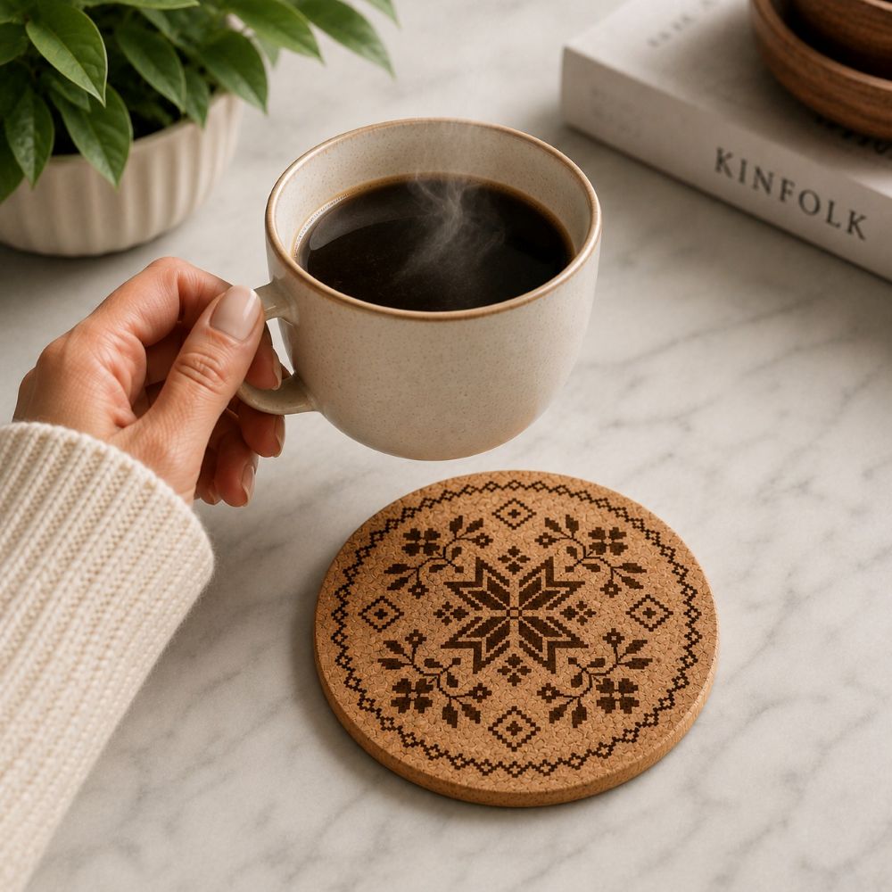 Ukrainian Vyshyvanka Laser Engraved Coasters – Cork, Wood & Slate Stone Drink Coasters | Individual or Mixed Set of 4 with Optional Holder