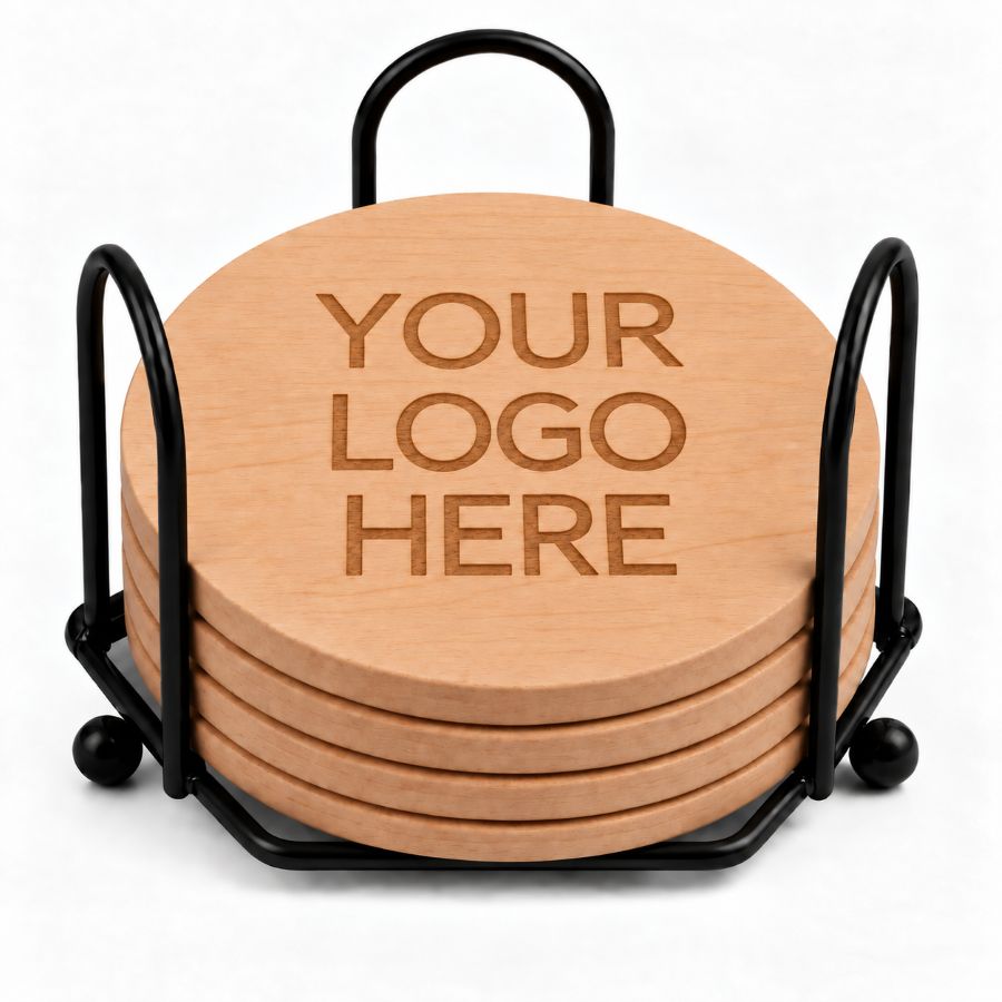 Custom Logo Laser Engraved Coasters – Upload Your Logo – Cork, Wood & Slate Stone